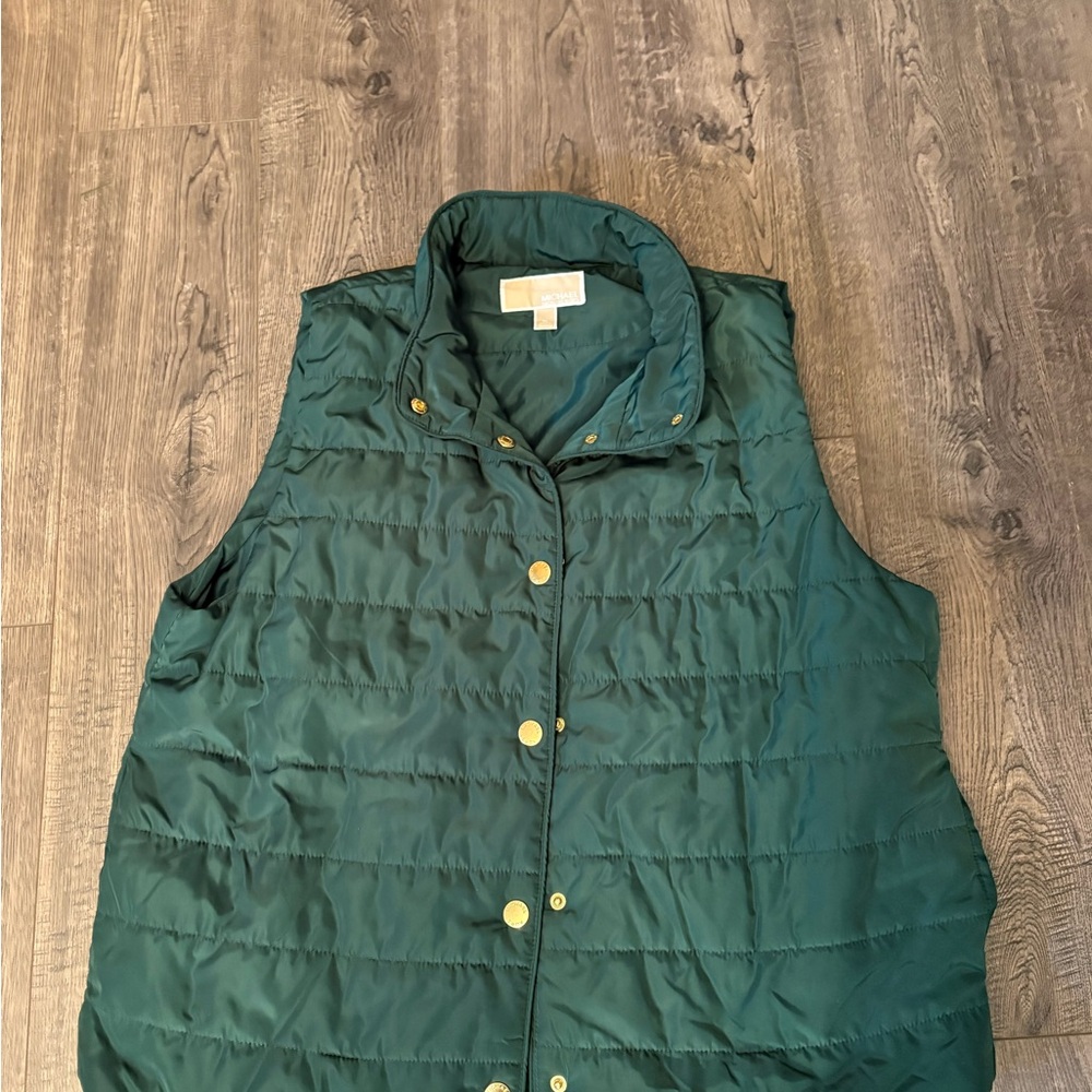 Michael Kors Quilted Green Puffer Vest with Gold Snap Buttons